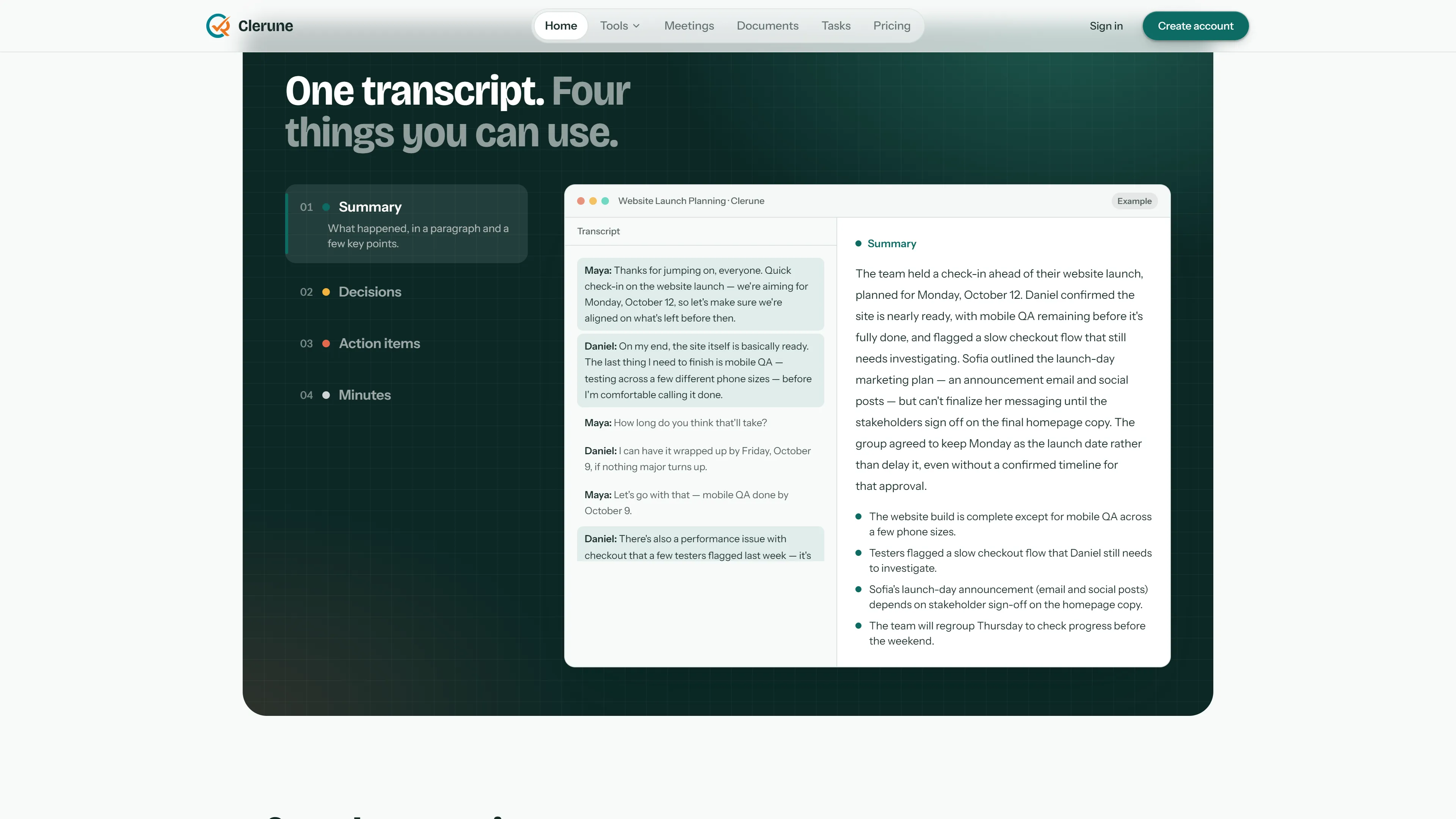 Clerune turning a meeting transcript into a summary, shown side by side